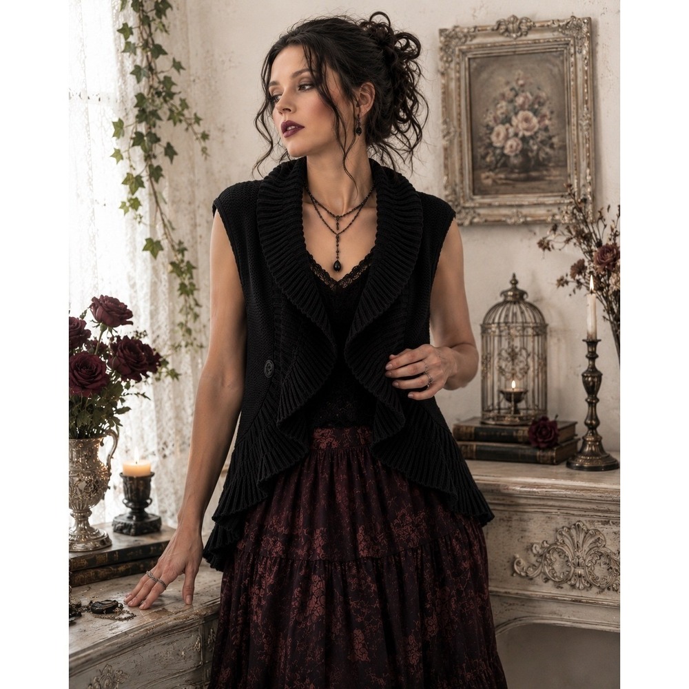 Bandolino Blu Black Ruffle Shawl Collar‎ Knit Vest Peplum Button Sweater PM